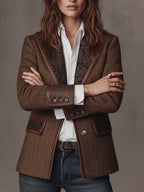 Herringbone Tweed Blazer Featuring Printed Panels