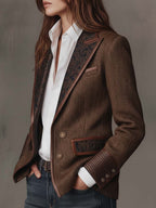 Herringbone Tweed Blazer Featuring Printed Panels
