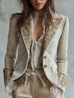 Ivory Velvet Blazer with Lace Cuffs and Embroidered Details
