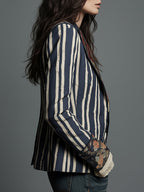 Bohemian Striped Blazer with Floral Print in Cotton and Linen