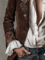 Retro Brown Suede Blazer Featuring Embroidered Accents