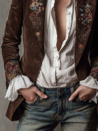 Retro Brown Suede Blazer Featuring Embroidered Accents
