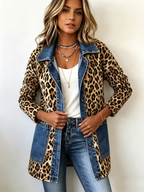 Fablenne™ | Leopard Print Denim Panel Contrast Longline Jacket